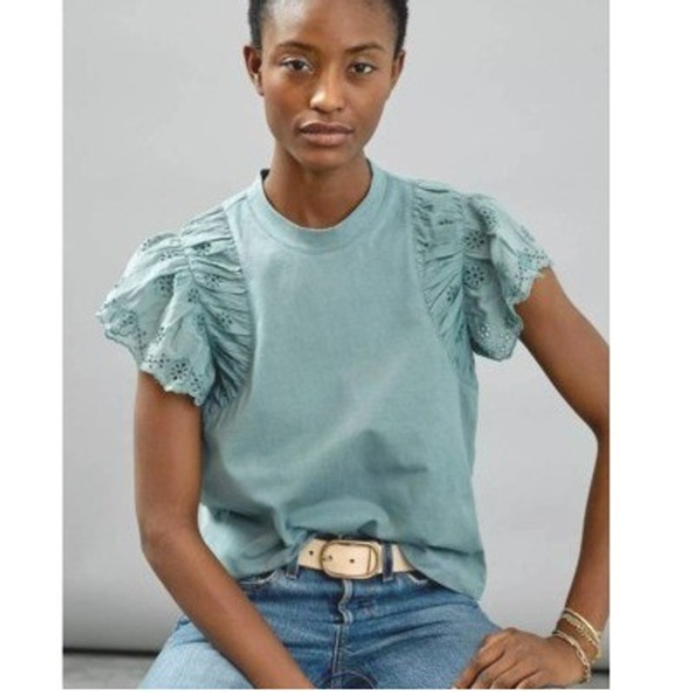 Othilia Anthropologie Eyelet Effie Ruffled Top Womens M Green Cotton Tee Cottage